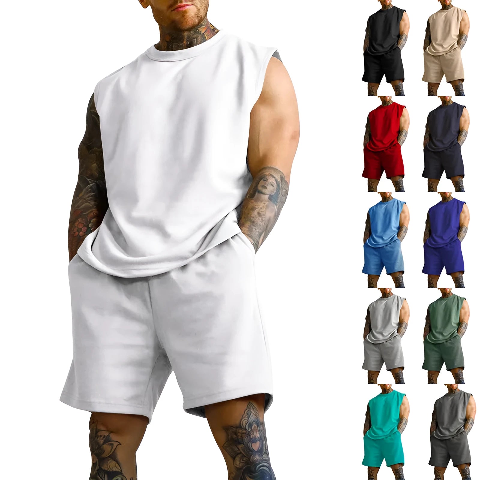 Men's sleeveless cotton blend sports suit with matching shorts in a solid colour.