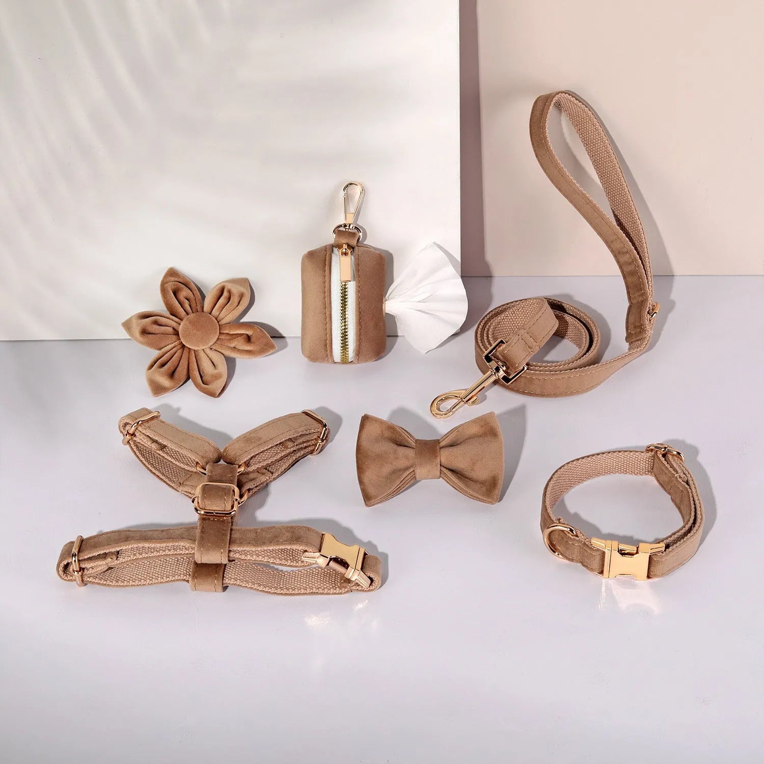 Classic velvet soft pet collar and traction rope set in red fleece with bow tie and flower accessory