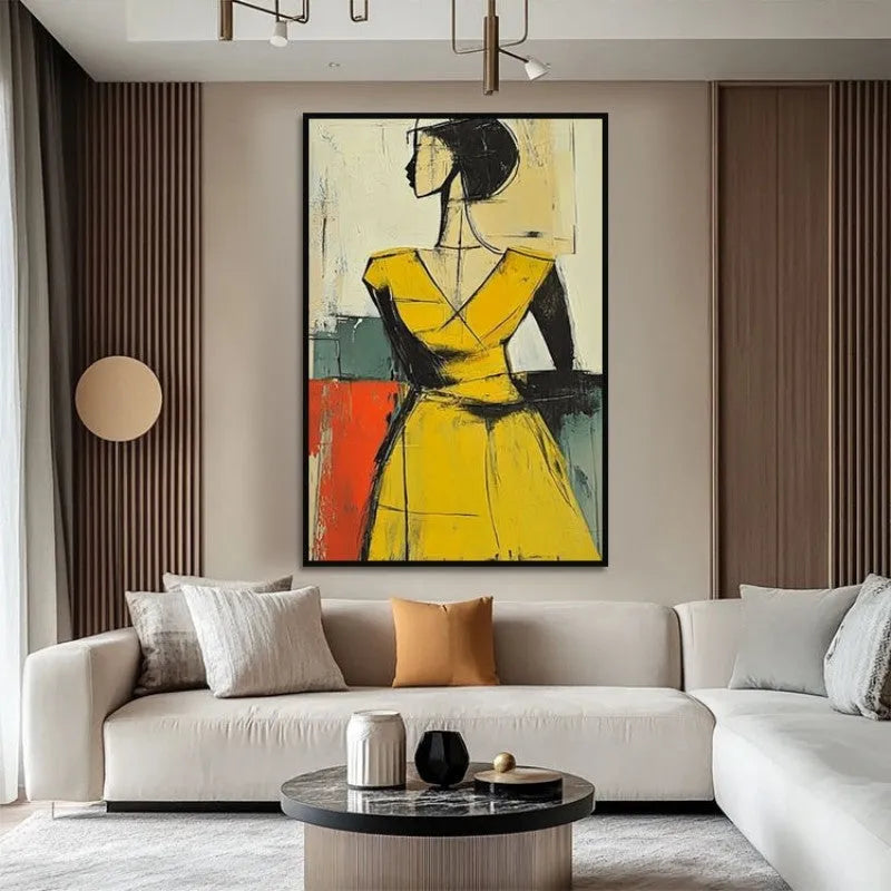 Handmade abstract people oil painting on canvas in brown and yellow, vertical unframed one-panel wall art
