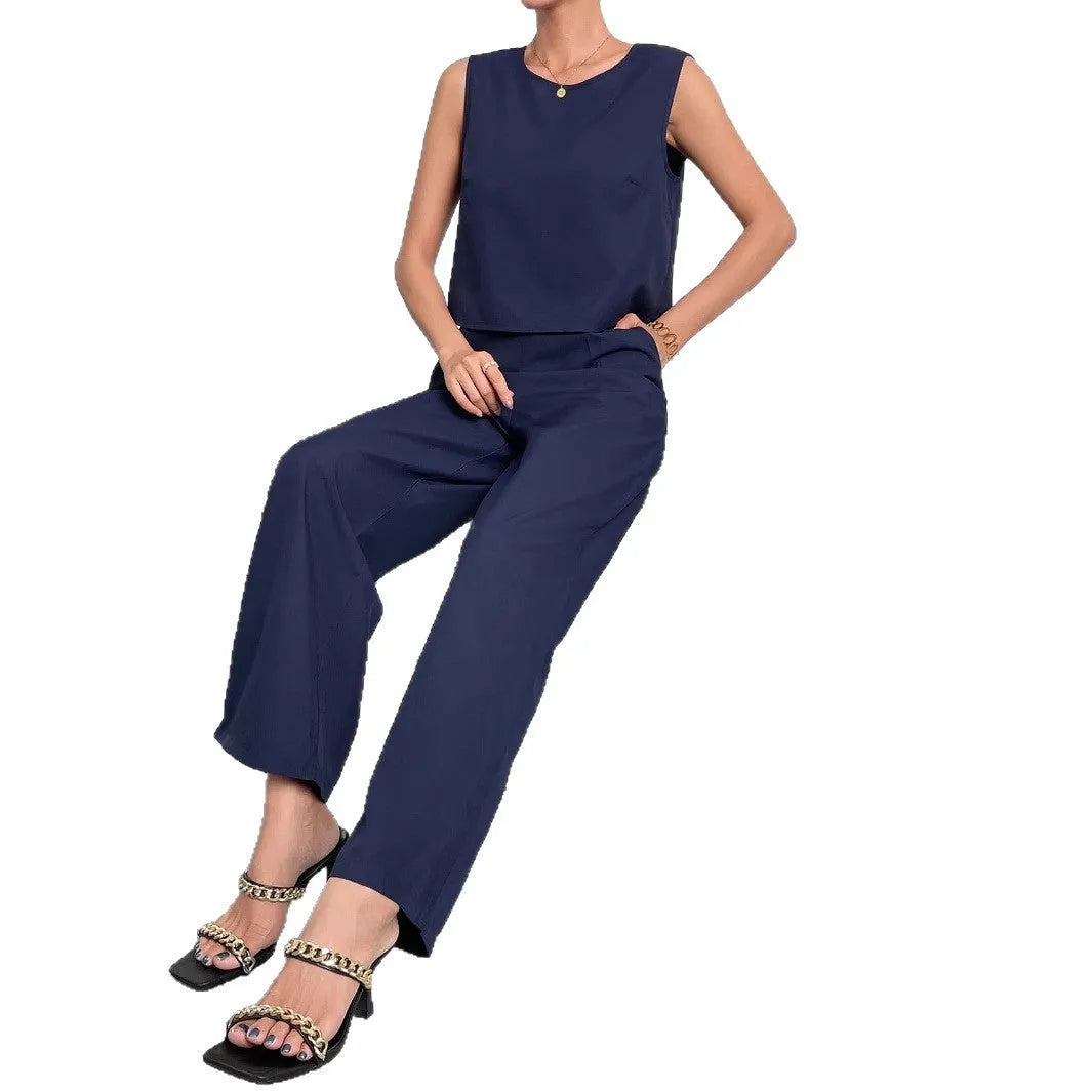 Red round neck sleeveless top and wide leg pants two-piece set