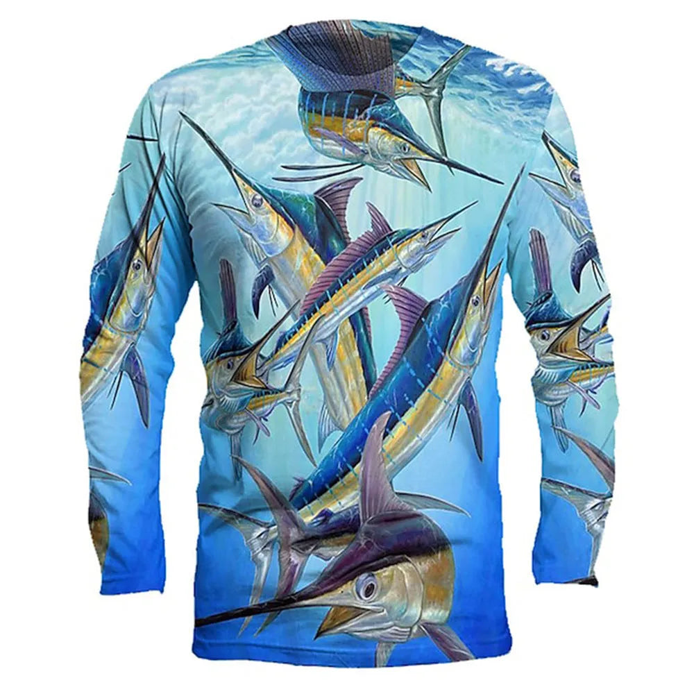 Men's grey round neck pullover with a detailed multi-coloured fish print on the front.
