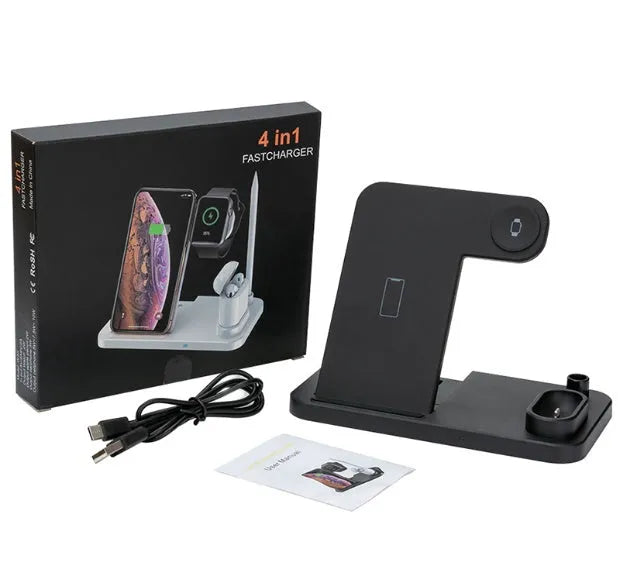 4-in-1 wireless charging station showing phone, Apple Watch, AirPods and pencil charging simultaneously on adjustable stand