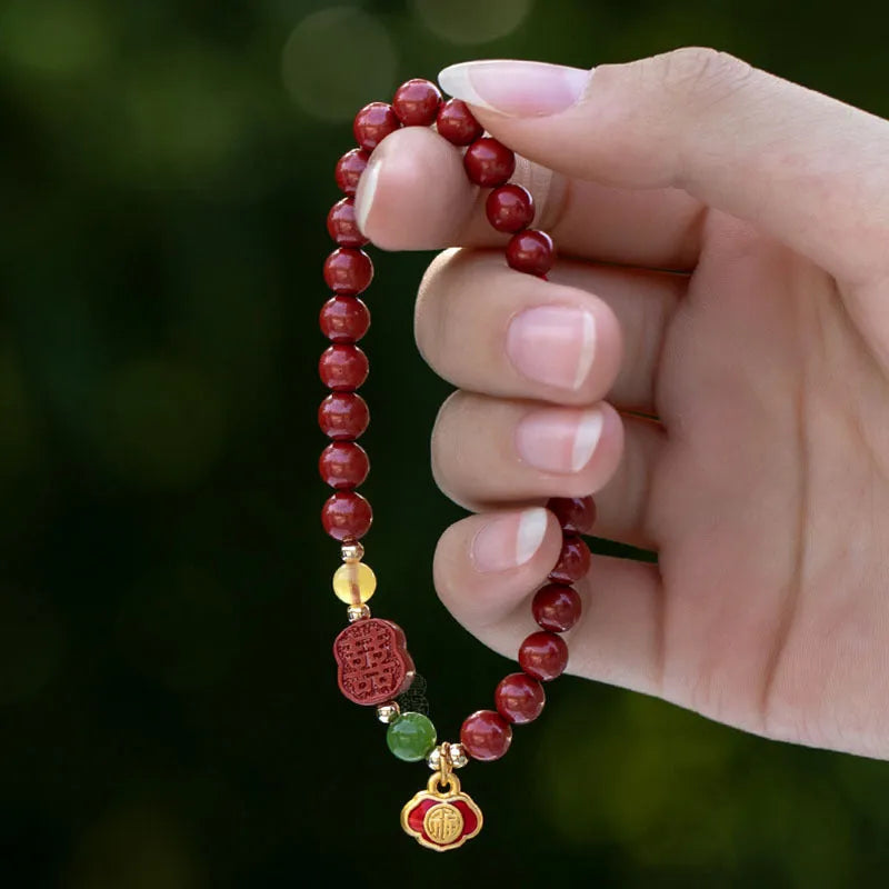 Happy Eyebrow Bracelet with Emperor Sandstone beads and fu character in New Chinese style.