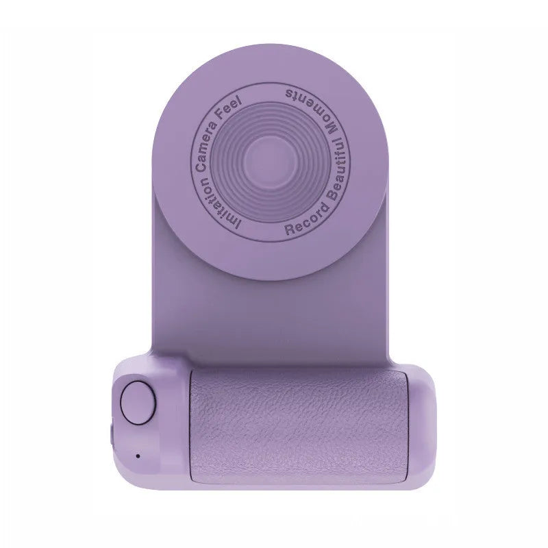 Black magnetic phone camera bracket with ergonomic PU leather handle on table