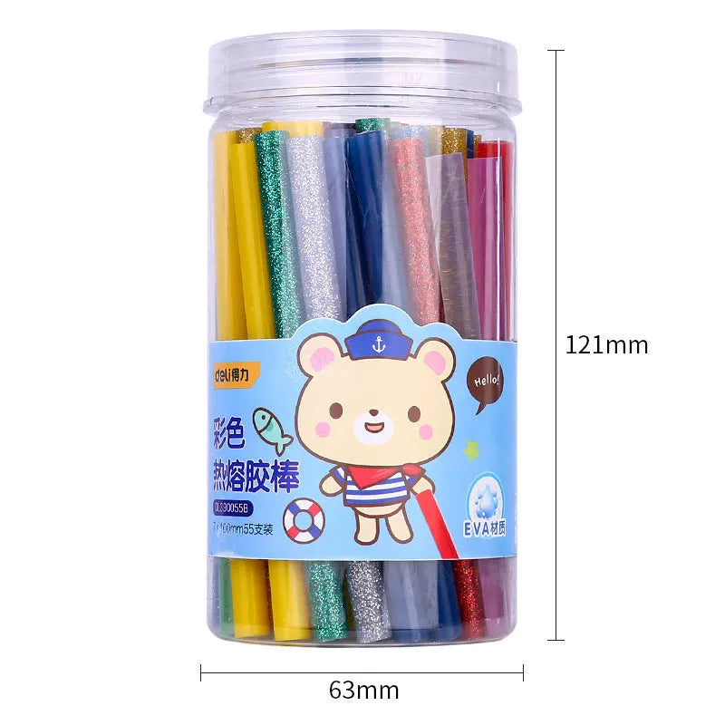 A pack of 55 clear hot melt glue sticks with a diameter of 7mm.
