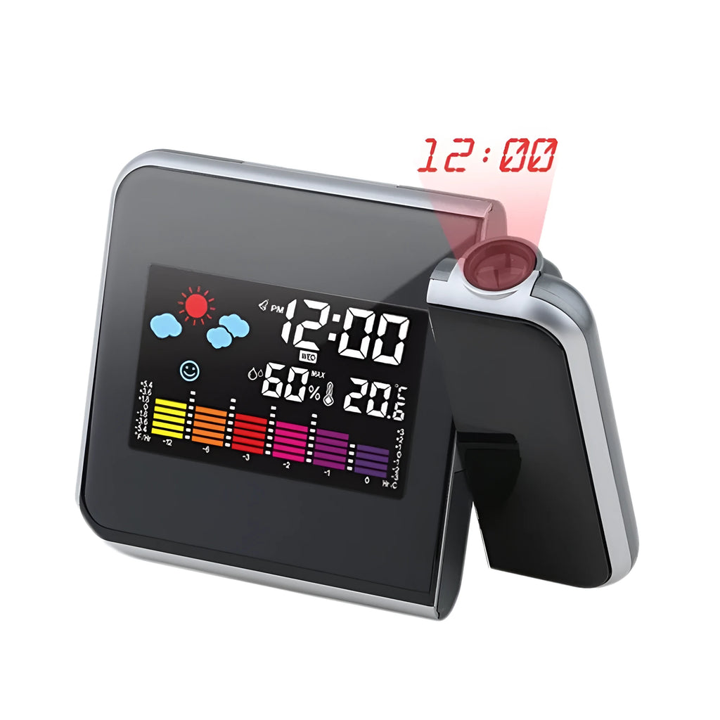 Black digital projection alarm clock with multicolour LED display showing time, temperature and humidity