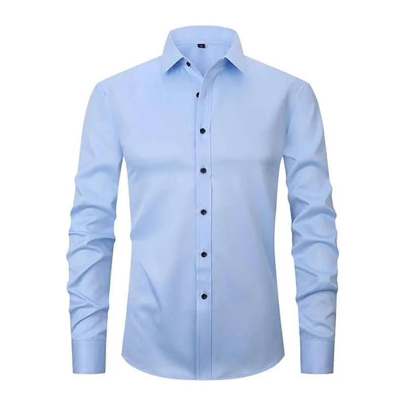 Man wearing a stretch long sleeve polyester work shirt in a solid colour, showing the fit and long sleeve design.