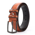 Men's black business belt with alloy pin buckle showing a laser-etched elephant pattern design.