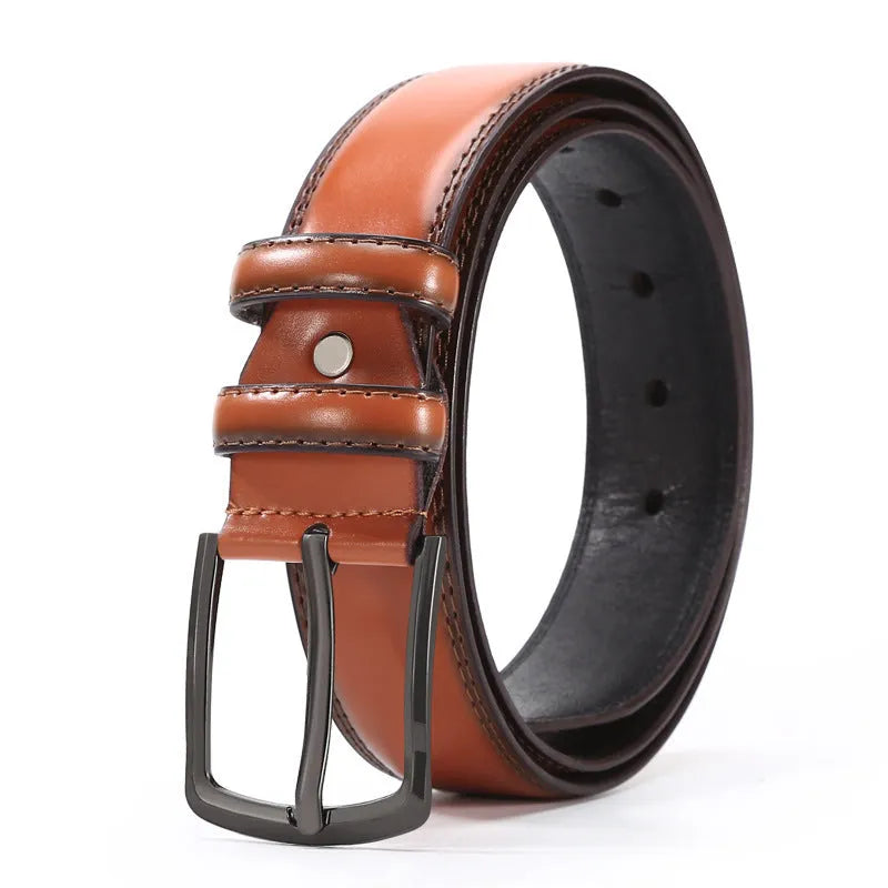 Men's black business belt with alloy pin buckle showing a laser-etched elephant pattern design.