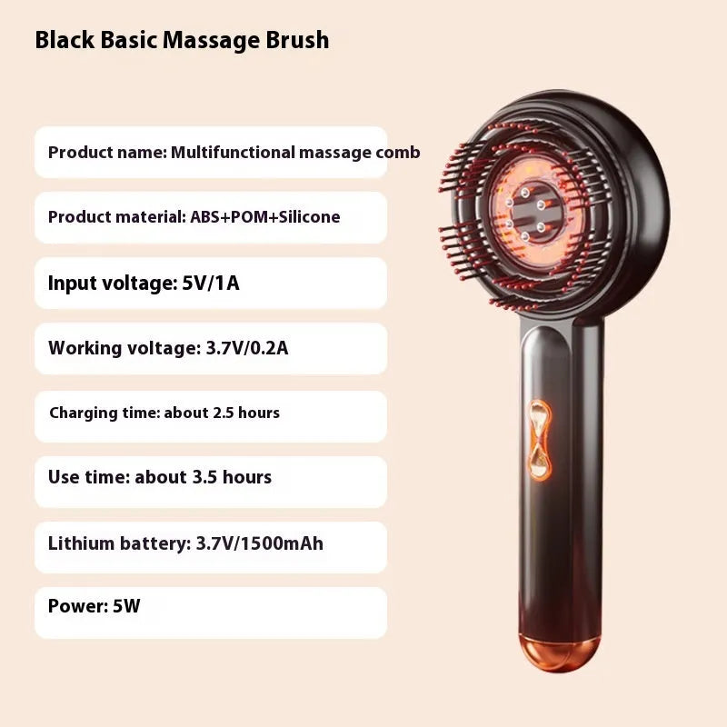 Black and red plastic massage hair comb with red and blue lights showing 24cm length