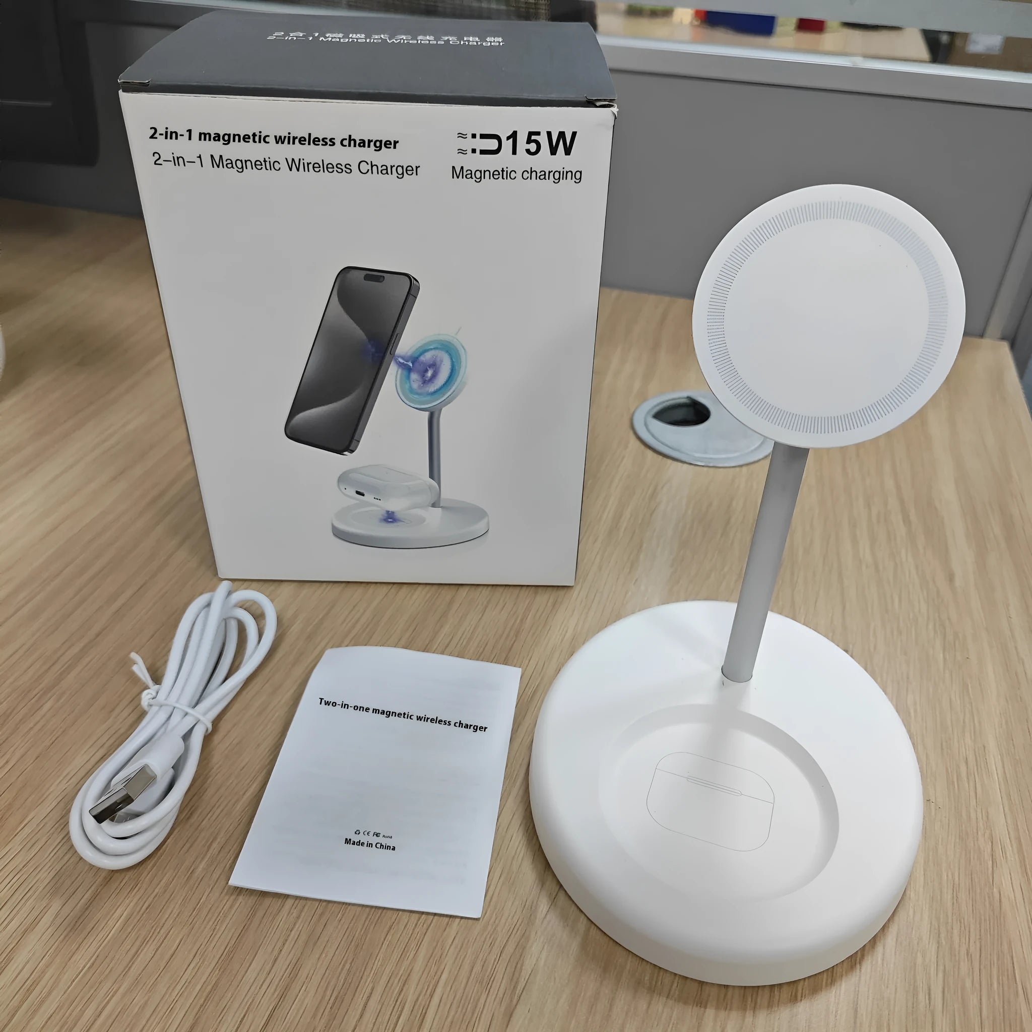30W vertical wireless charger stand with cooling hole, white colour, holding a smartphone