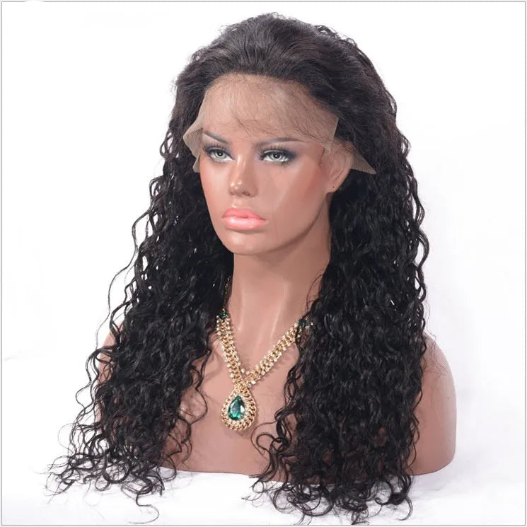 Curly headband wig made of human hair, fully hand-woven, available in multiple curl patterns and lengths 8-30 inches.