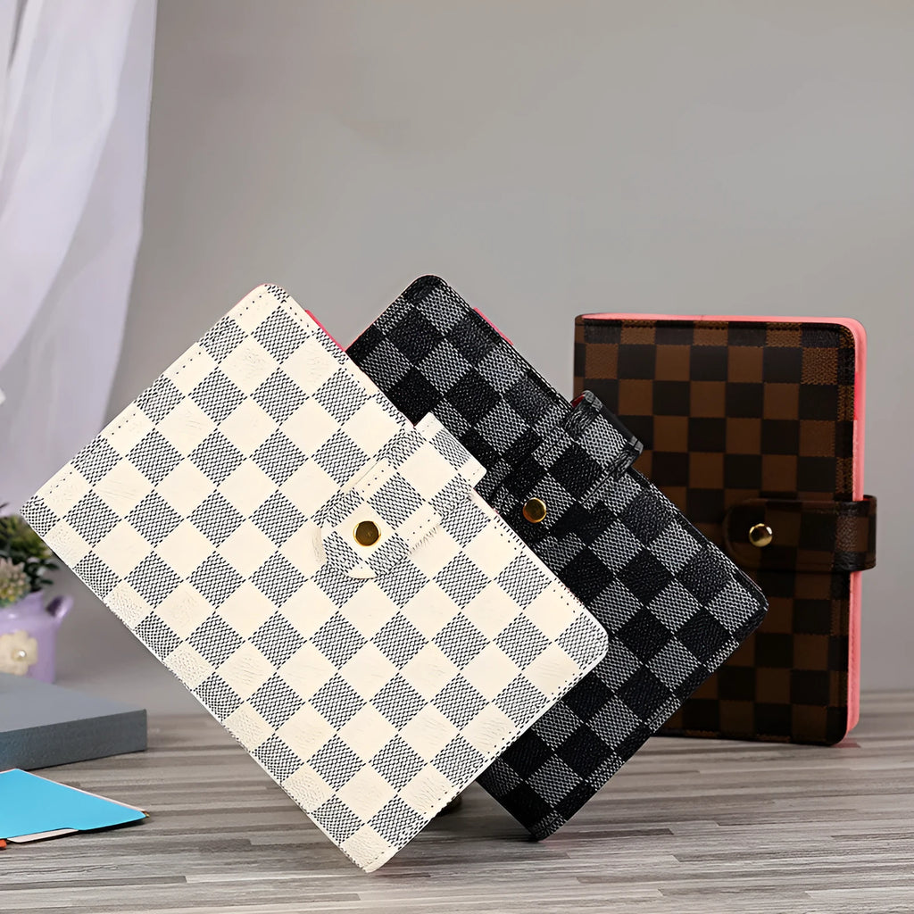 A7 size PU leather loose-leaf notebook with checkered pattern and buckle closure in brown colour