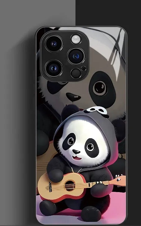 High-permeability glass phone case with painted cute panda artwork for iPhone 15 14 13 12 in black