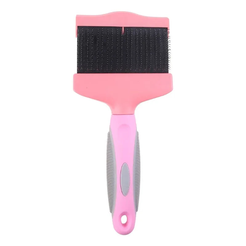 Double-sided pet brush with stainless steel bristles and ergonomic blue handle