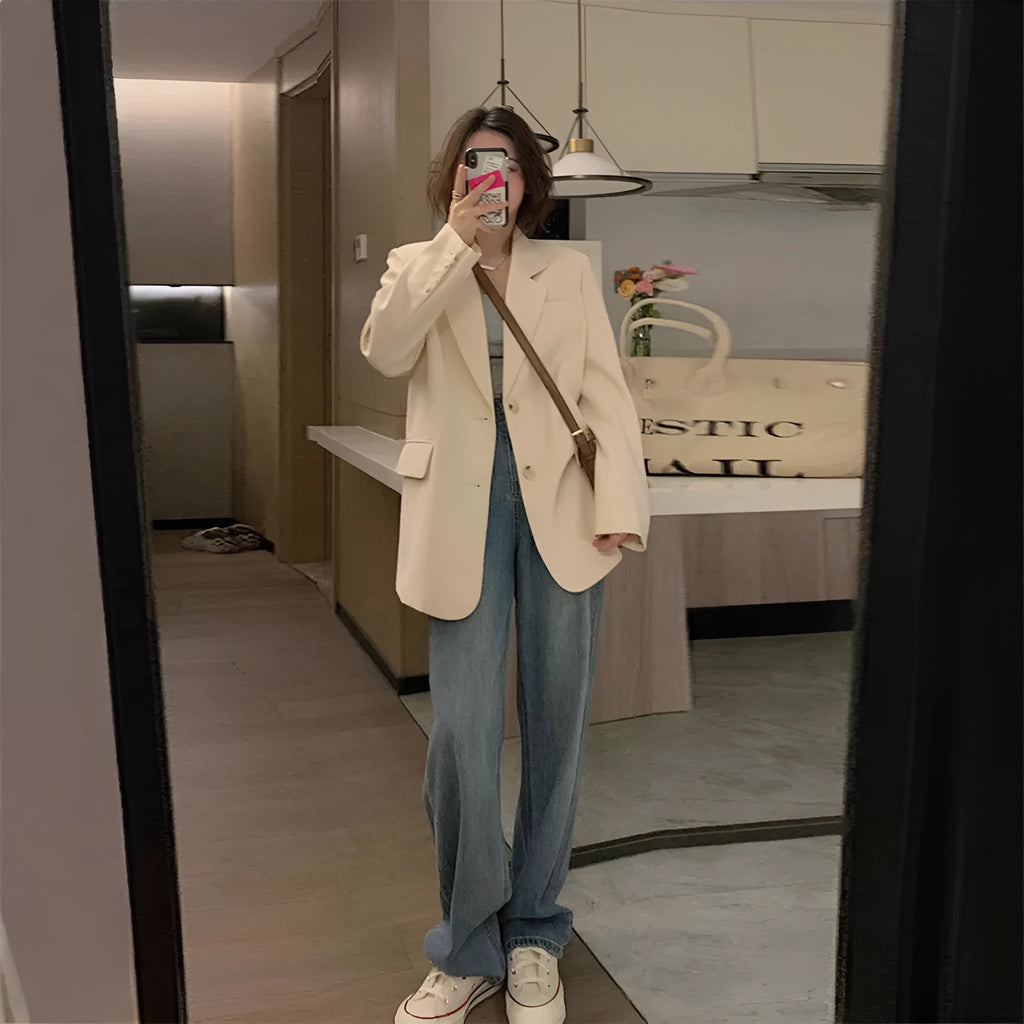 Korean style polyester blazer jacket in solid colour with pockets and long sleeves