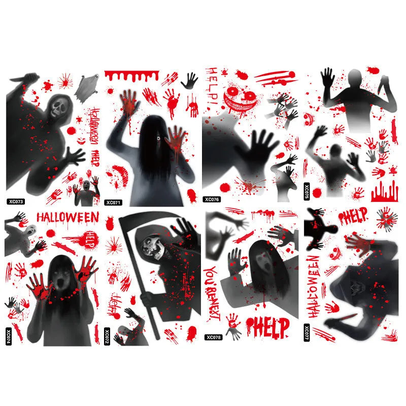 Set of six Halloween electrostatic window stickers featuring female ghost and skull motifs in American style, available in multiple colour combinations