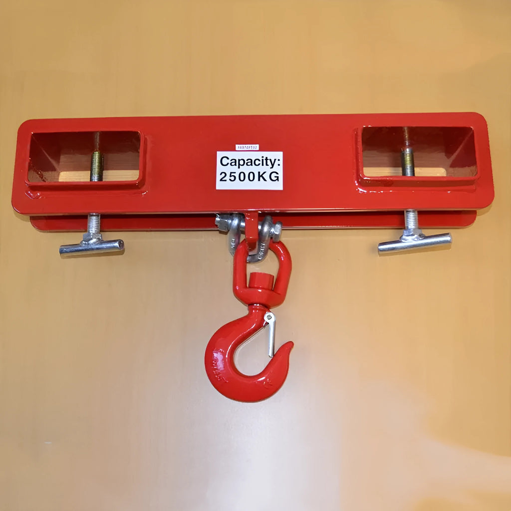 MK forklift crane hook attachment with rotatable drum and safety lock mounted on forklift forks.