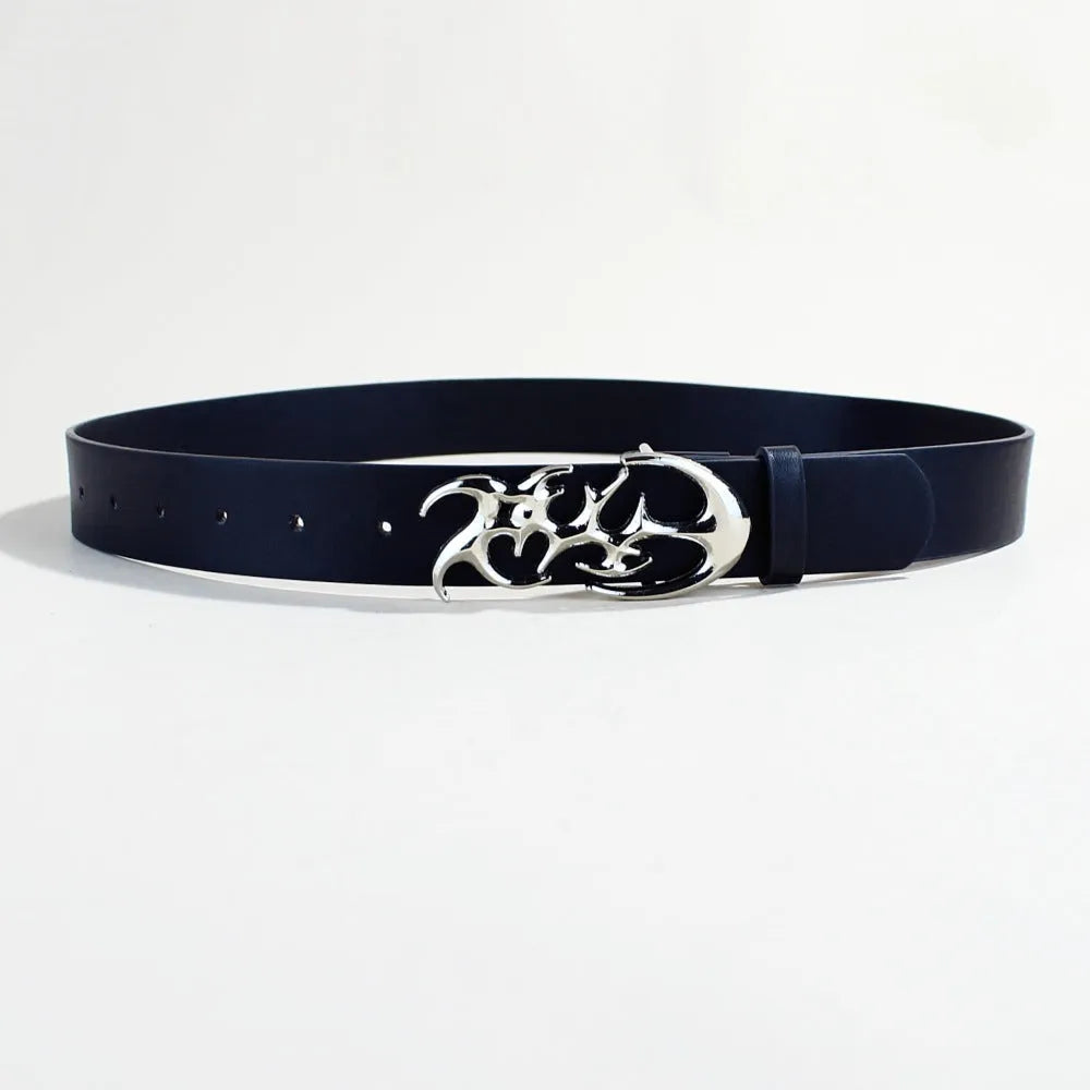 Silver buckle PU leather casual belt with snap-button fastening, shown at 105cm length.