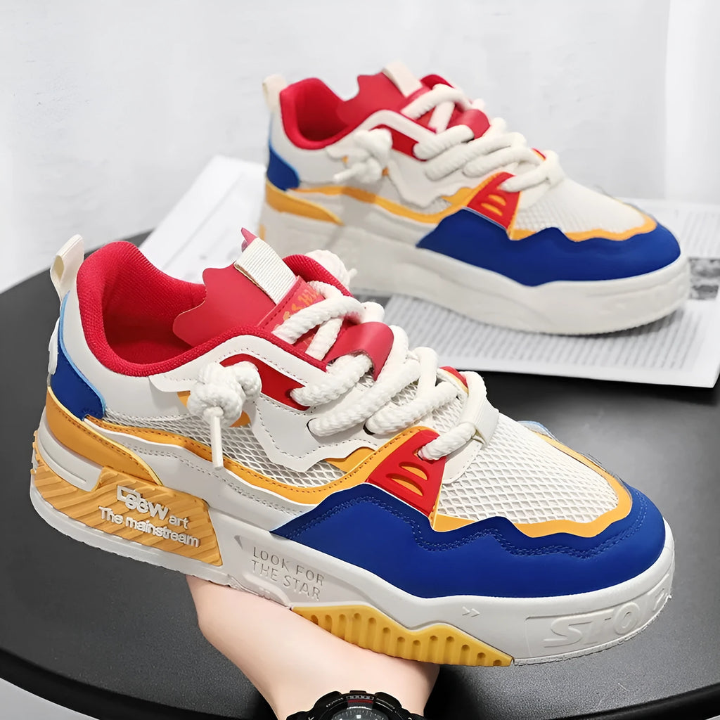 Men's low top white casual shoes with rubber sole and mesh lining in beige, black, or white and yellow.