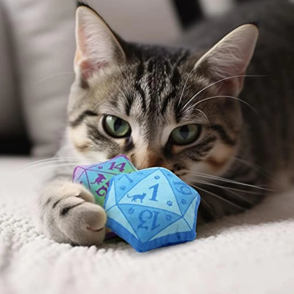 DND-inspired dice-shaped catnip toy in soft plush fabric, available in blue, purple, green and pink colours
