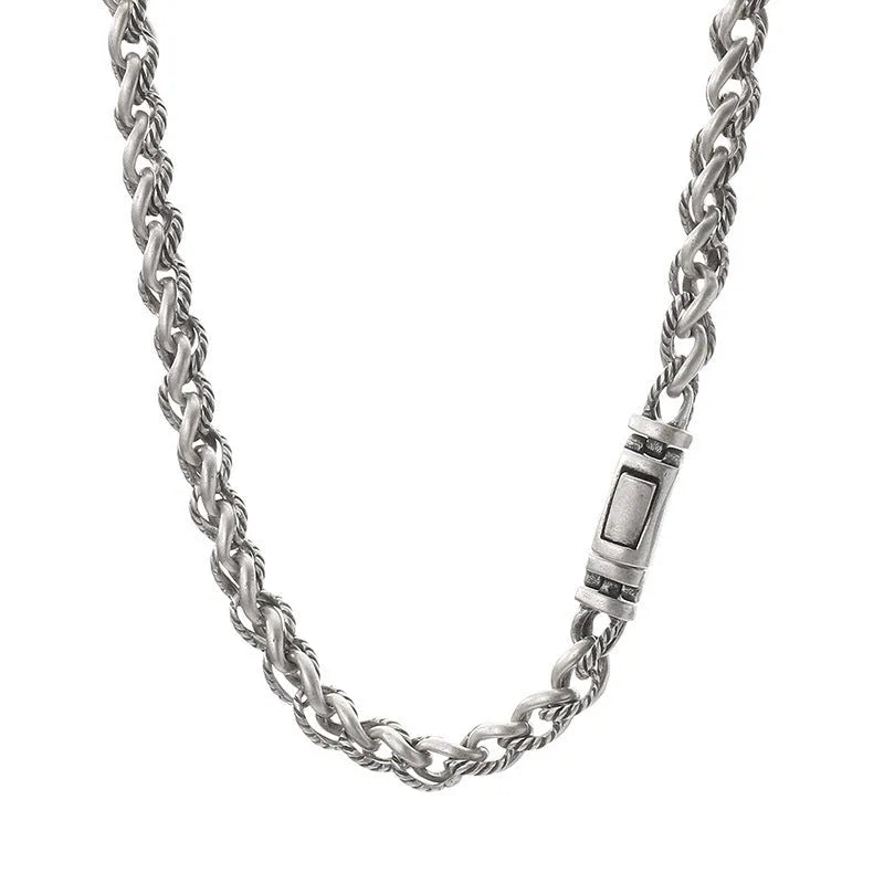 Men's keel chain titanium steel necklace in antique silver finish showing geometric design details