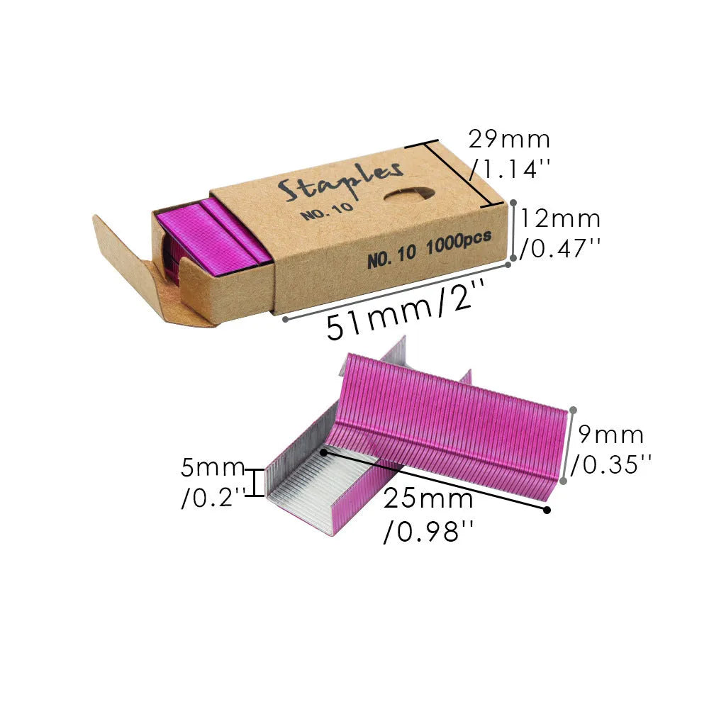 Box of 1000 metal stitching needle staples in four colour options: black, purple, rose gold and rose red