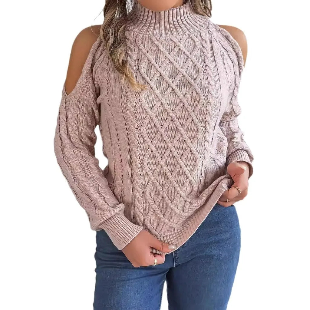 Women's casual acrylic sweater with strapless design, twisted pattern, half-high collar, and lantern sleeves