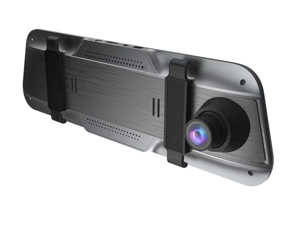 Black 10-inch touchscreen driving recorder rearview mirror with wide-angle lens for vehicle installation