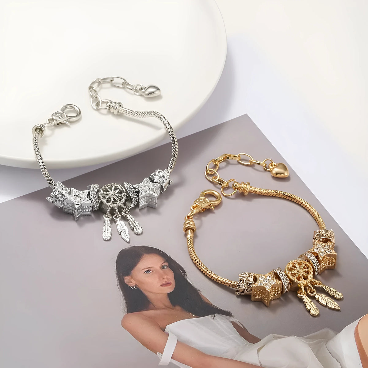 DIY bracelet with star bead and dreamcatcher pendant in KC gold finish with lobster clasp