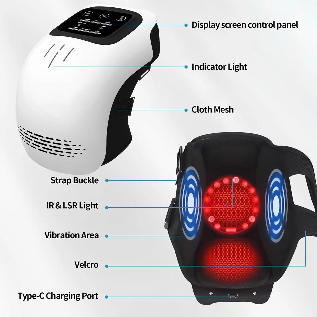 White electric knee massager showing flexible design with control panel and USB charging port