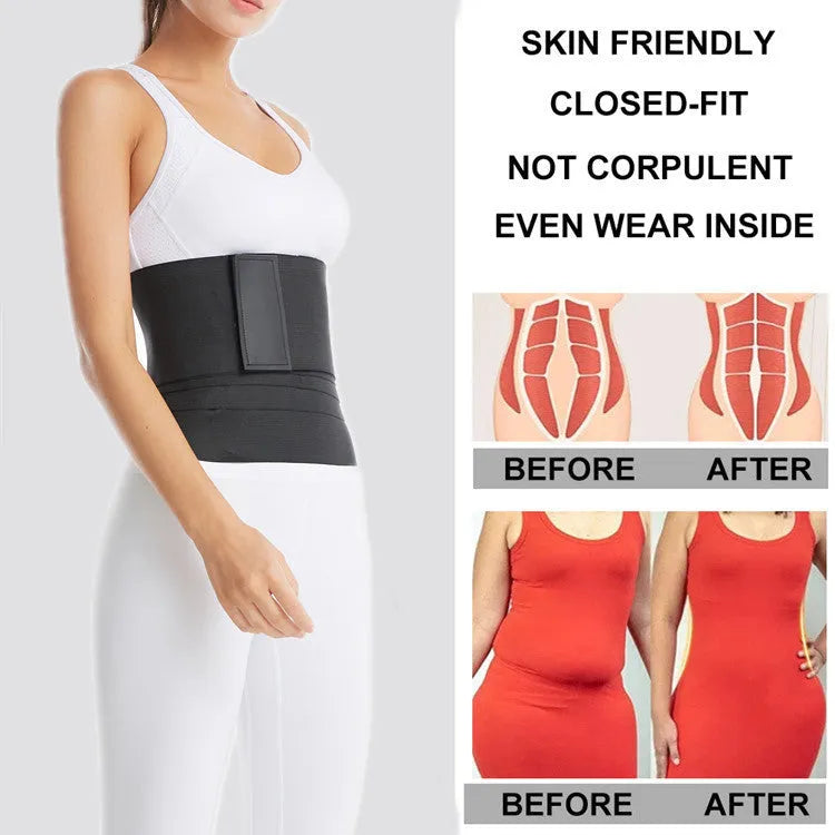Polyester waist training restraint belt in black with adjustable length for yoga and body sculpting exercises