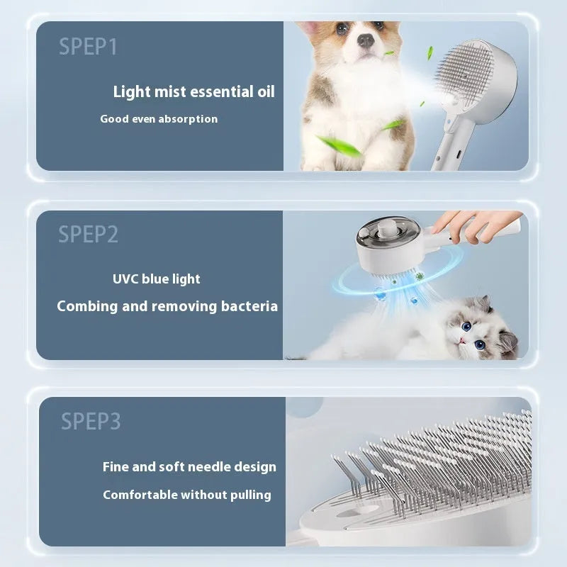 Ceramic white pet grooming brush with steam function, UV-C light, and self-cleaning hair removal