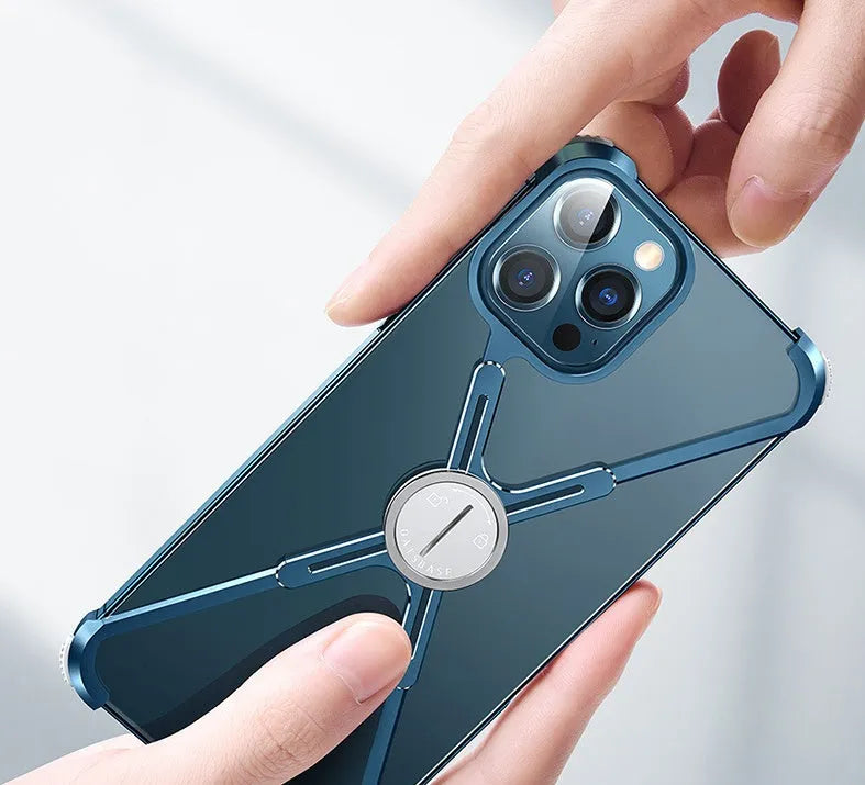 Metal phone case with X-shape design, airbag corners, and magnetic lock for iPhone 12 13 series in silver