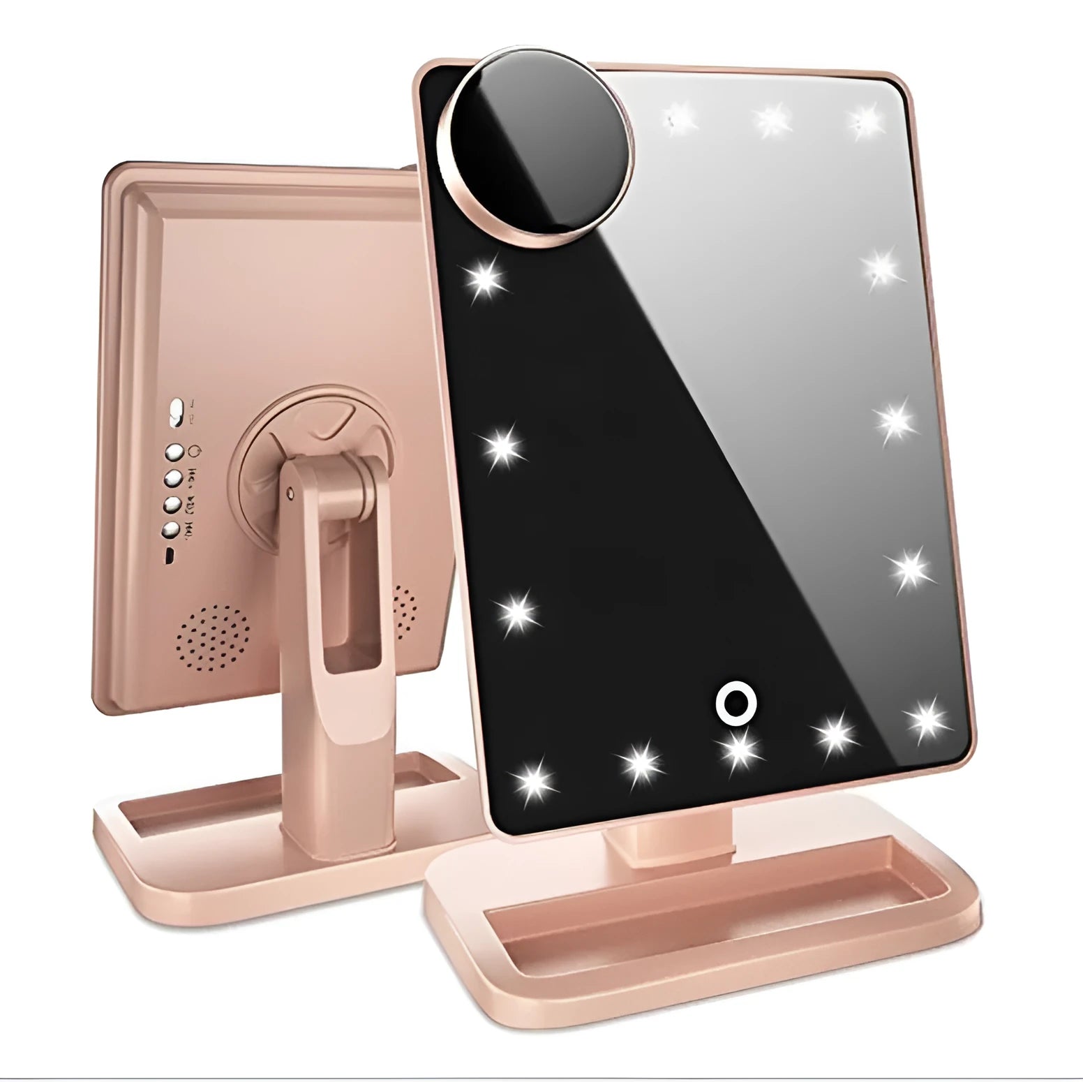 Touch screen makeup mirror with 20 LED lights and Bluetooth speaker on a dressing table with pink finish