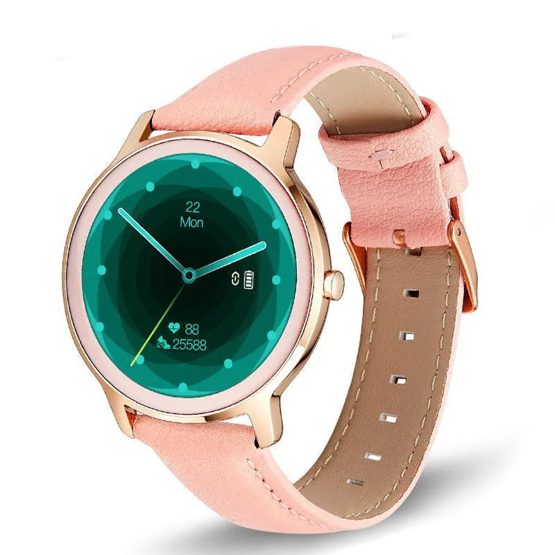 Women's waterproof smart watch with stainless steel strap and 1.3-inch touch screen in rose gold or silver