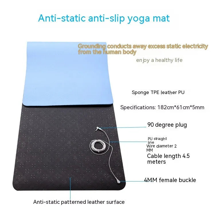 Blue floral pattern conductive yoga mat with grounding wire, showing non-slip PU surface