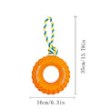 Dog chew toy with rubber tire and tug-of-war rope in black, blue, or orange for medium large aggressive chewers