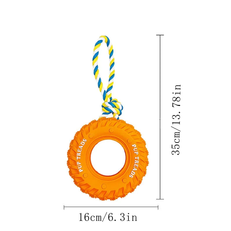 Dog chew toy with rubber tire and tug-of-war rope in black, blue, or orange for medium large aggressive chewers