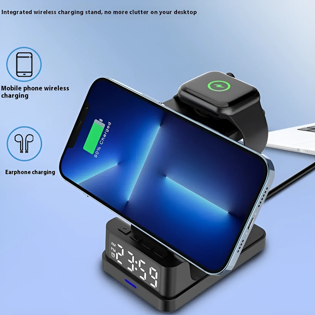 Black magnetic three-in-one 15W wireless charger with clock, Type-C interface, 106x72x112mm