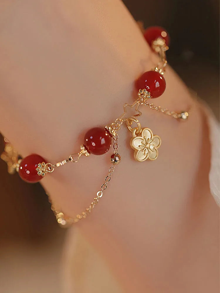 Red agate double layer bracelet with peach blossom motifs for women