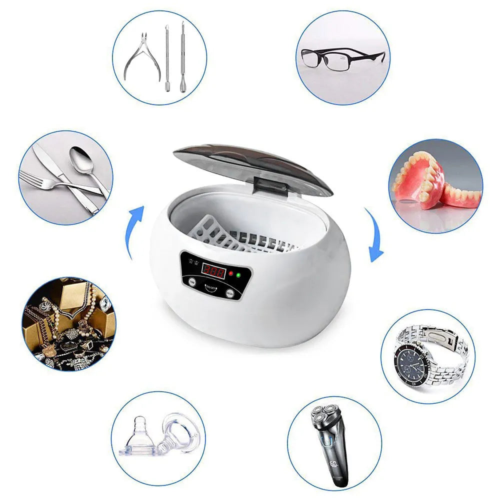 Ultrasonic cleaning machine for home in white blue, 40KHz digital control, compact 20.6 x 15.2 x 13.2 cm
