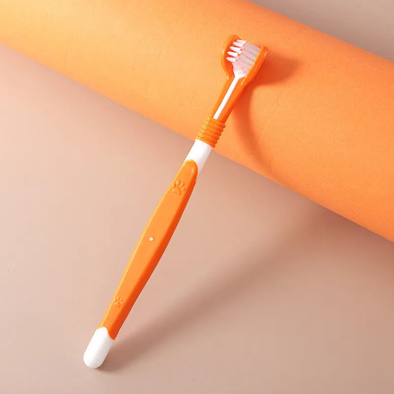 Pet toothbrush oral cleaning product with plastic handle and nylon bristles in assorted colours