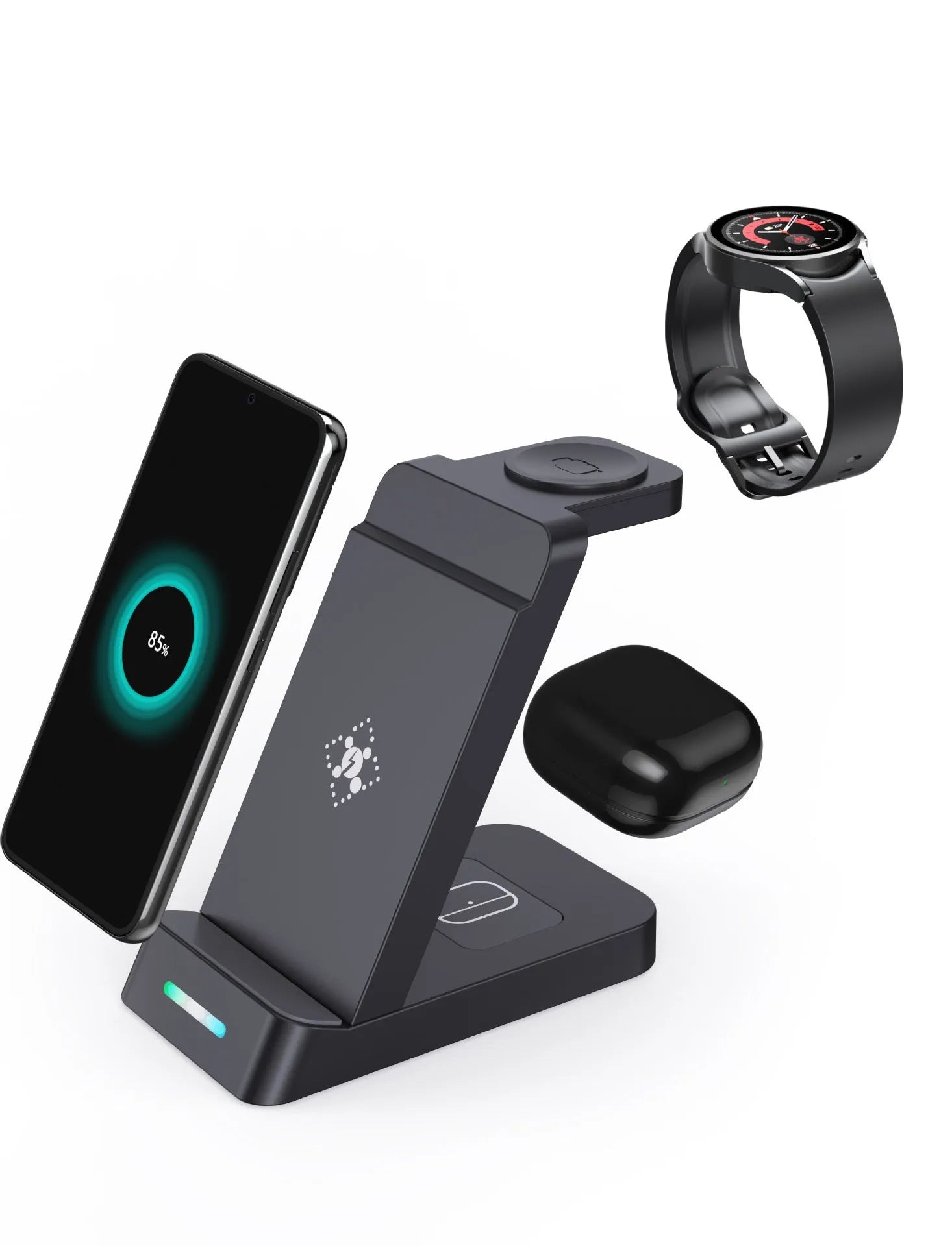Black 3 in 1 wireless charging station with phone stand holding smartphone, smartwatch and earbuds