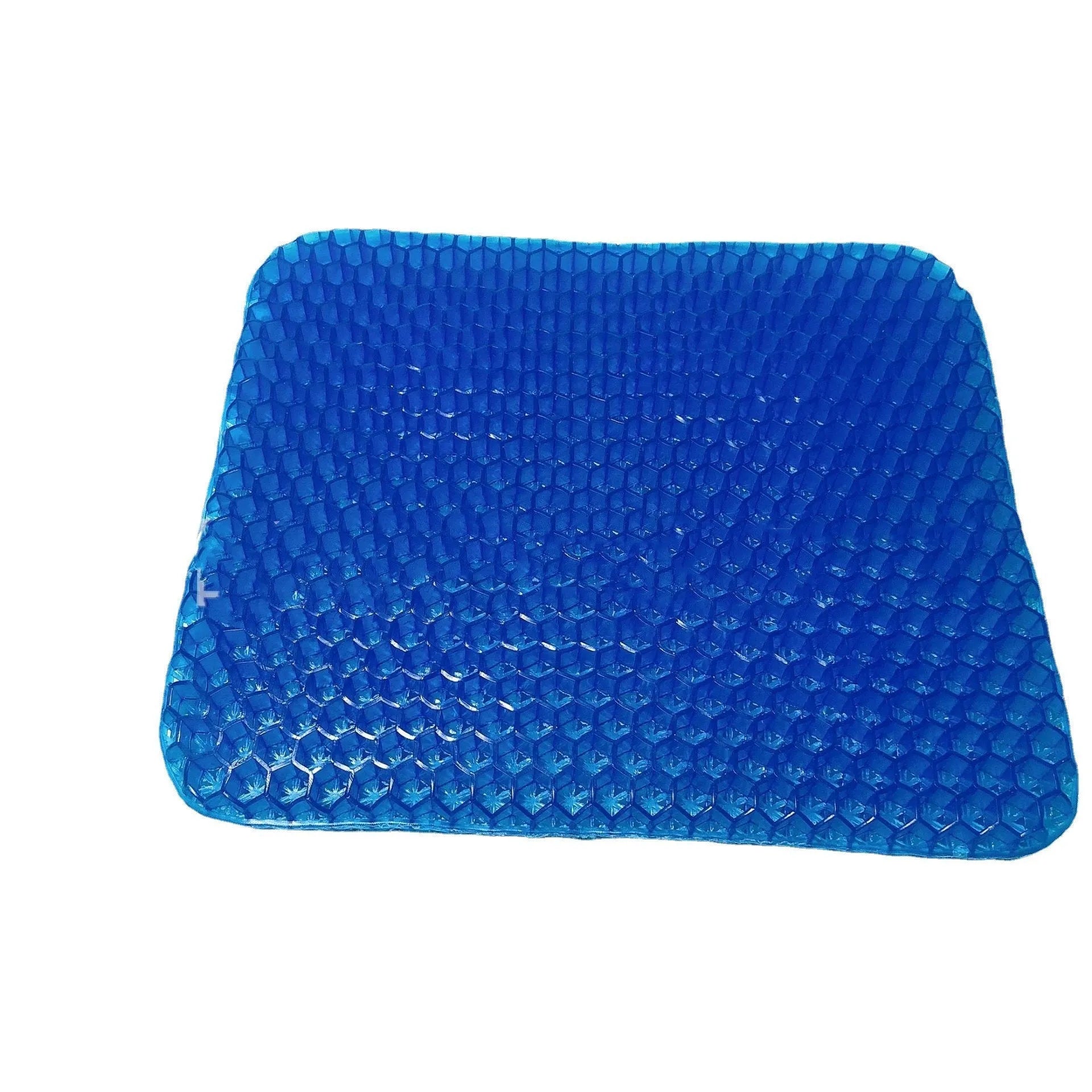 Square gel seat cushion with honeycomb design showing double-thick construction for pressure relief