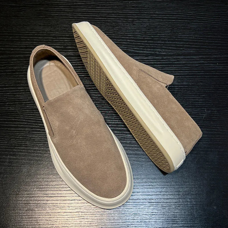 Grey and apricot men's casual round toe shoes with a mid heel and sleeve-on design