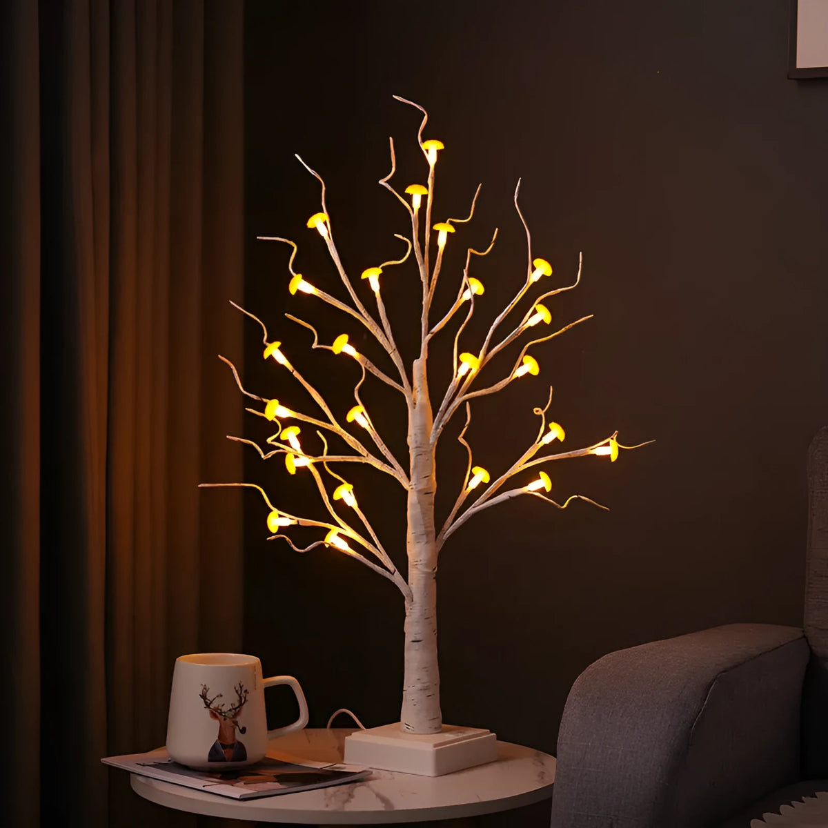 60cm tall mushroom tree LED lamp with birch design and 24 detachable flowers showing warm white illumination