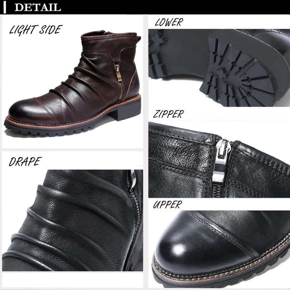 Men's black PU leather cowboy boots with side zipper, round toe, and mid-height horseshoe heel.