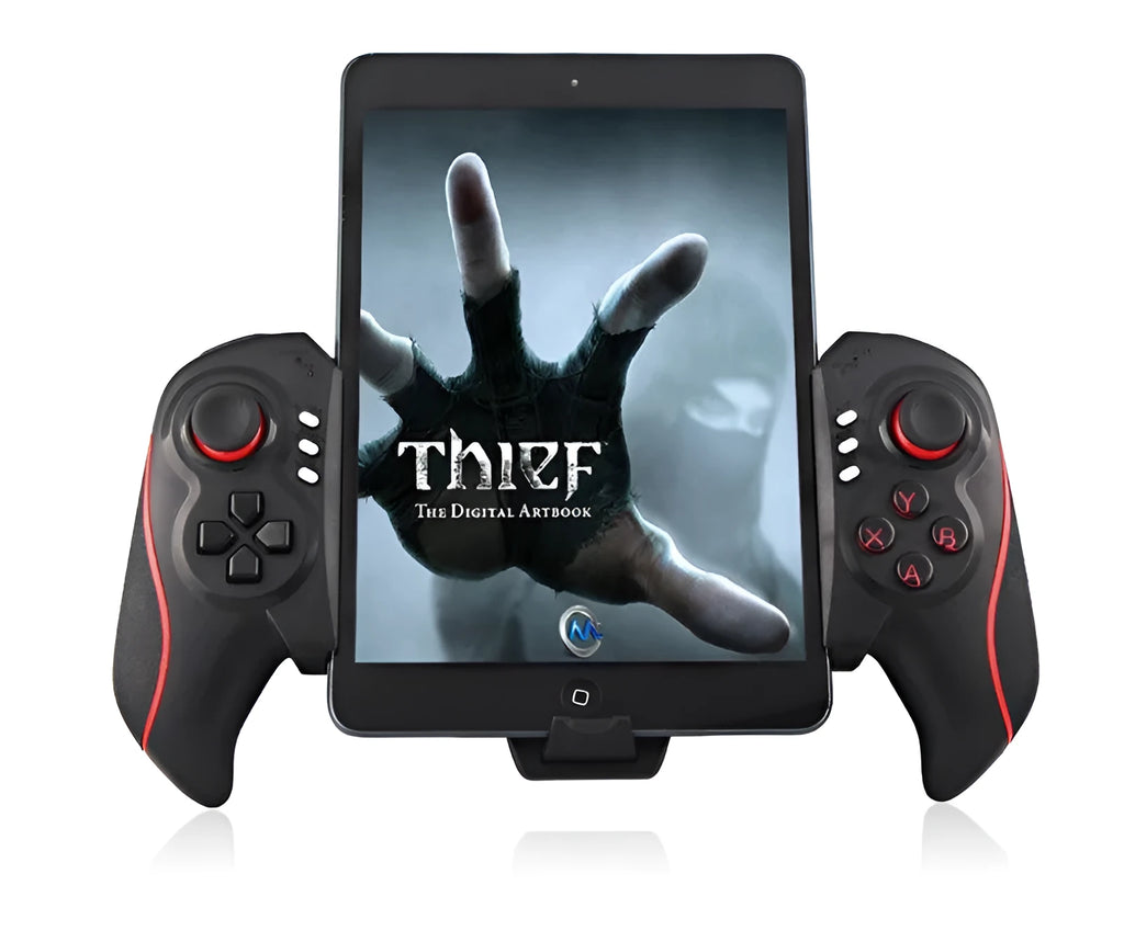 Wireless telescopic game controller extended with phone inserted, showing controls and USB port