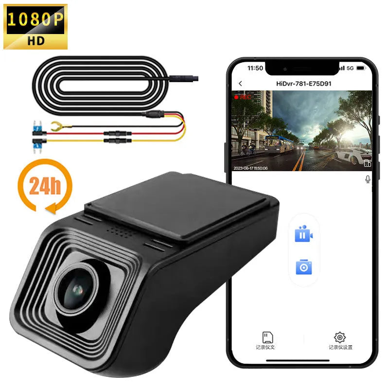 HD 1080p night vision driving recorder unit with WiFi connectivity for smartphone control.